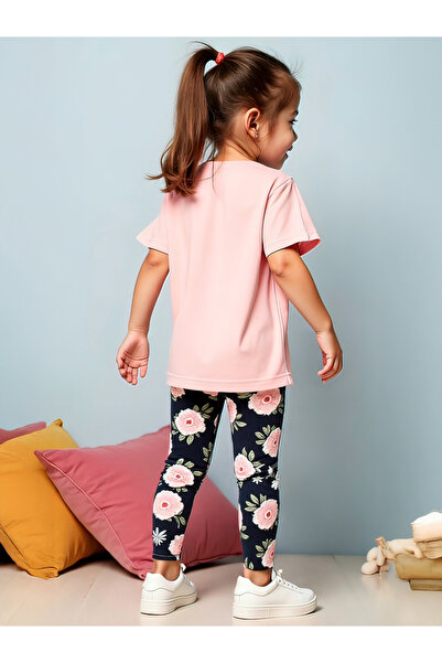 Take Two By Styli Kids 2pcs Graphic Print Short Sleeve T-Shirt and Flora Print Leggings