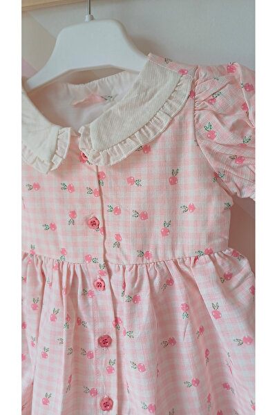 KidsMom Store Gül Detaylı Bebe Yaka Pembe Nostaljik Bebek Elbisesi