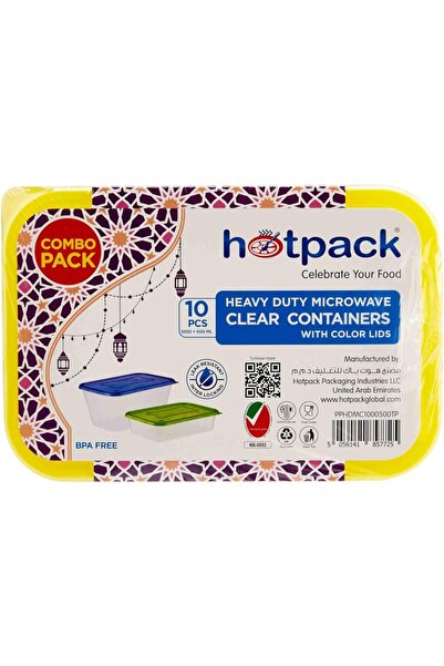 Hotpack حاوية ميكروويف عالية الدقة سعة 1000 مل + 500 مل بغطاء ملون، 5 قطع × ع...