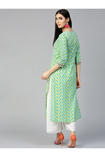 IndHeritage Premium cotton office / casual kurti - Green, blue & white printed women's kurti / kurta - IDH00071