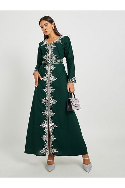 Maxim Creation By Styli Green Hand Embroidered Jalabiya with Belted Detail