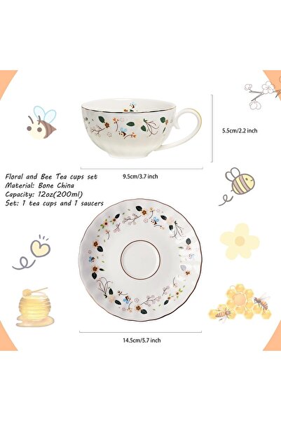 BigNoseDeer Bee & Flower Design Tea Cup & Saucer Set (1 Cup + 1 Saucer) - Porcelain,