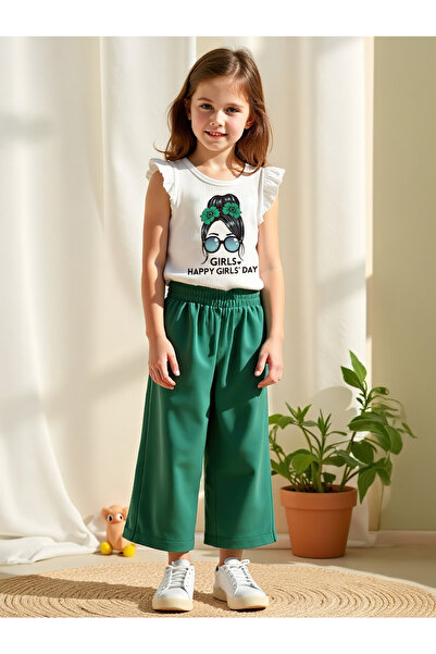 Take Two By Styli Kids Green Printed T-Shirt and Wide Leg 2pcs Pant