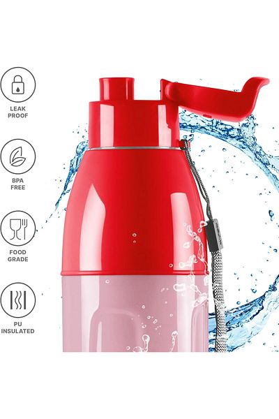 Generic MILTON Kool Convex 1100 Insulated Inner Pet Water Bottle, 900 ml, Light Red | Easy To Carry | Leak