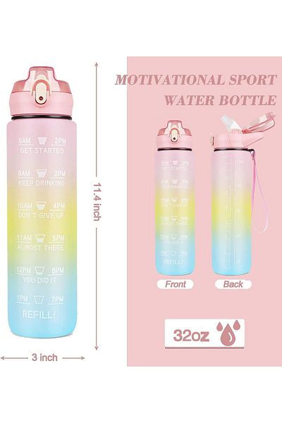 Generic LUKSYOL Sport Water Bottle 1L with Motivational Time Marker, Straw, and Leak Proof Design - BPA-Fre
