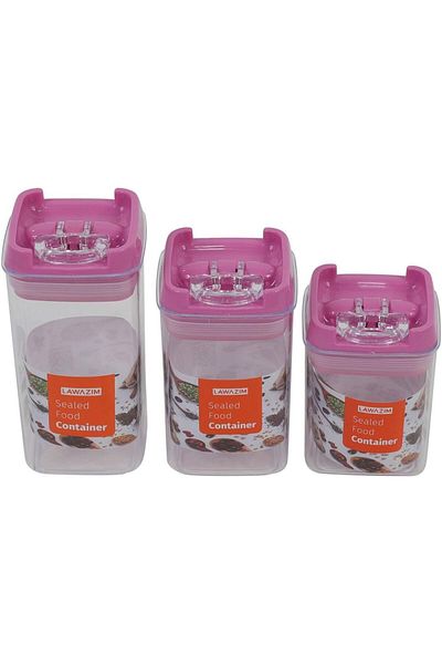 Generic Lawazim Food Container Set - 3 Piece S-M-L Clear/Pink - Transparent BPA-Free Plastic Jars with Lids