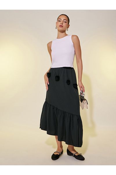 Styli Pom Pom Details Asymmetric Hem Midi Skirt