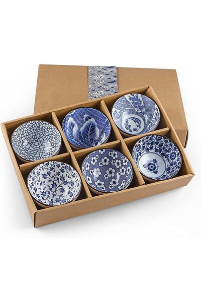 Tazweeq Ceramic Rice Bowls, 10 oz Japanese Style, Assorted Blue & White, Pack of 6