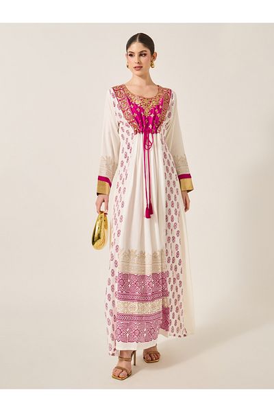 Maxim Creation By Styli Pink Embroidered Detail Cream Maxi Jalabiya