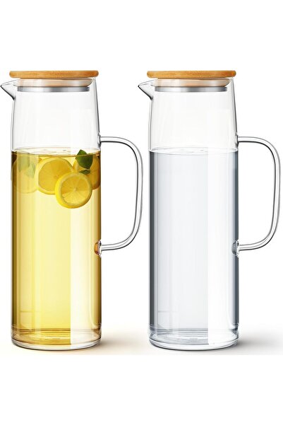 Generic SKY-TOUCH Glass Pitcher 1500 ml (2 pcs) with Handle and Bamboo Lid for Hot & Cold Beverages