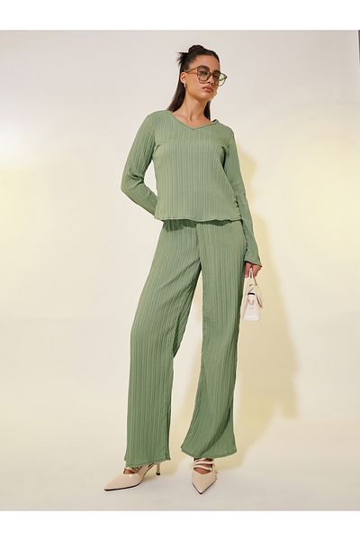 Styli Textured V Neck Long Sleeve Top and Pants Co-Ords