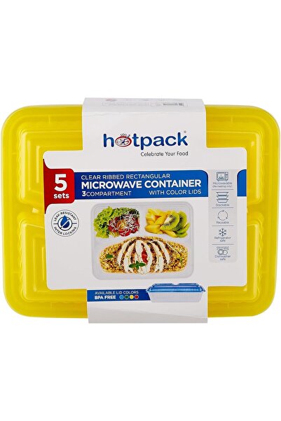 Hotpack حاوية ميكروويف مستطيلة شفافة مضلعة بثلاثة أقسام مع أغطية متعددة الألو...
