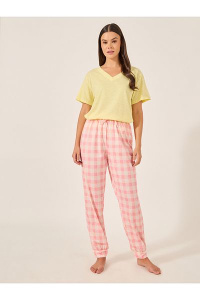Styli V-Neck T-Shirt and Checked Cuffed Pajama Set