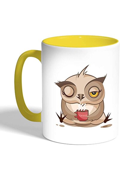 NASAQ Decalac Ceramic Coffee Cup, Yellow, "Feeling of Satisfaction" Owl Design