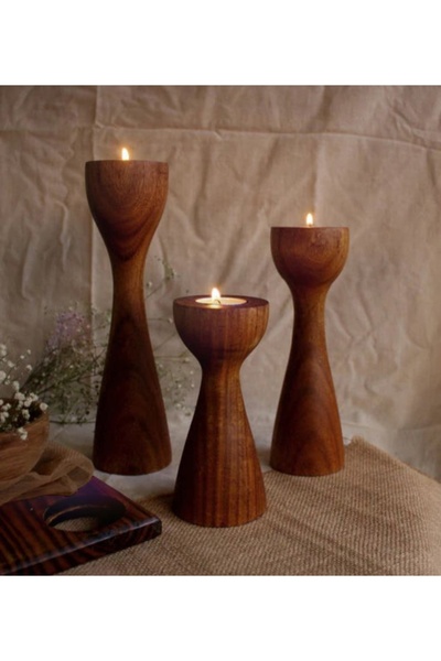 mebaconcept 3'lü Doğal Ahşap Dekoratif Şamdan Seti Burma Renk Iskandinav