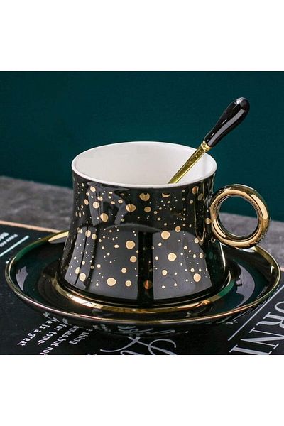 Generic Home Concept 3-Piece Fine Bone Ceramic Cup And Saucer Set With Spoon (Black/Gold)