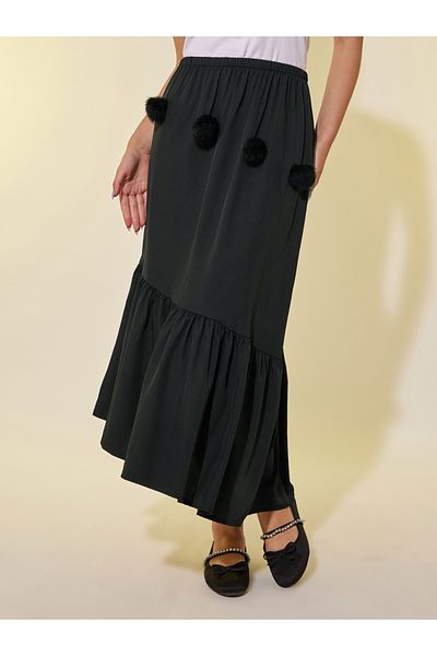 Styli Pom Pom Details Asymmetric Hem Midi Skirt