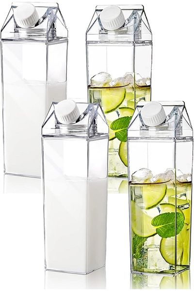 Generic Durku 4 Pack 35oz Milk Carton Water Bottle Reusable Clear Plastic Milk Box Portable Square Juice Bo