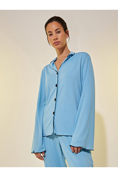 Styli Ribbed Contrast Edge Long Sleeve Shirt and Pyjama Set