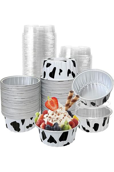Generic ALMEKAQUZ 50Pcs Aluminium Foil Cake Cups with Lids, 5 oz Mini Cake Pans Bread Moulds, Cow Print Dis