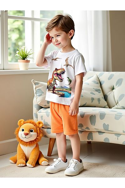 Take Two By Styli Kids 2pcs Dinosaur Print T-Shirt and Orange Shorts Sets