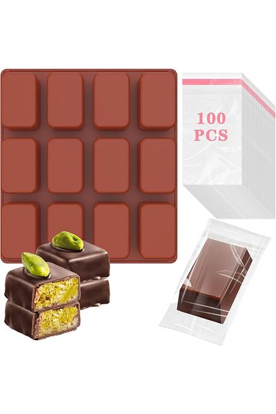 Generic Lonimia 12 Cavities Chocolate Bar Mold Deep with 100Pcs Bags, Silicone Thick Chocolate Bar Mold for