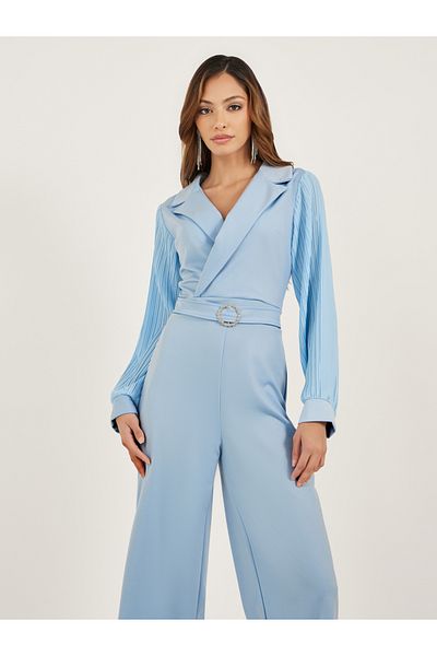 Styli Pleated Balloon Sleeves Straight Leg Jumpsuit with Belted Detail