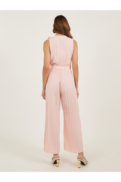 Styli Solid Wrap Look Pleated Wide Leg Jumpsuit