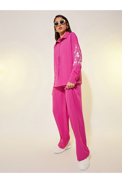 Styli Embroidered Detail Long Sleeve Shirt and Pants Co-Ords