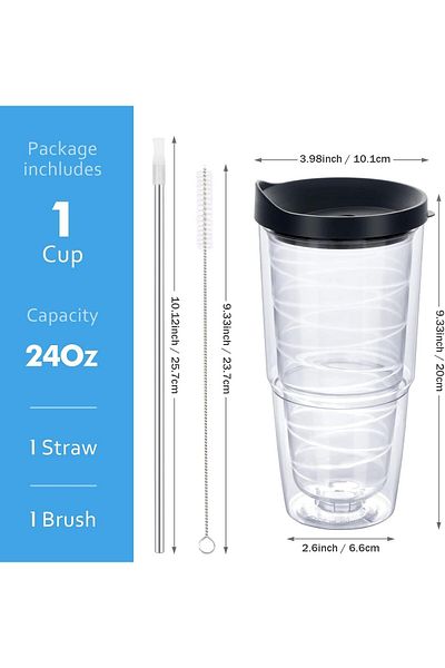 Generic TERRIFI 24 Oz Double Wall Insulated Tumbler with Black Lid and Straw, Versatile Clear Plastic Cup f