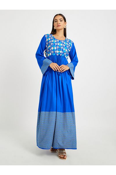 Maxim Creation By Styli Blue Geometric Print Embroidered Yoke Jalabiya