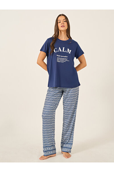 Styli Calm Slogan Print T-Shirt and Aztec Print Pyjama Set