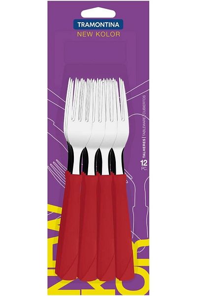 Generic Tramontina New Kolor 12 Pieces Stainless Steel Table Forks Set with Red Polypropylene Handles