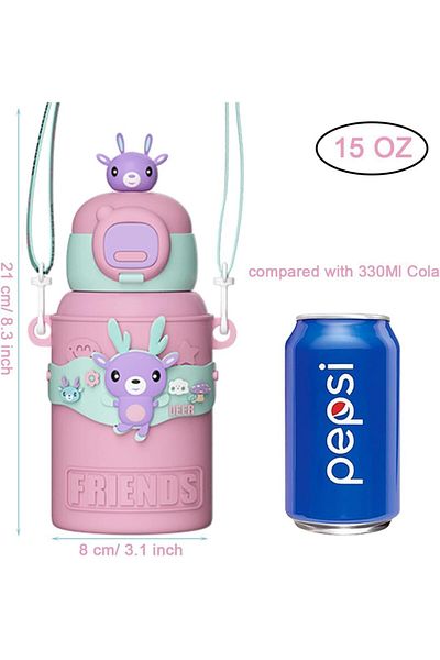 Generic Durku Cute Insulated Water Bottle with Straw Strap Kids,15 oz Metal Cups for Hot and Cold Drinks,BP