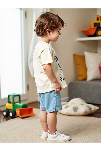 Take Two By Styli طقم تي شيرت وشورت صيفي أزرق مطبوع للأطفال مكون من قطعتين