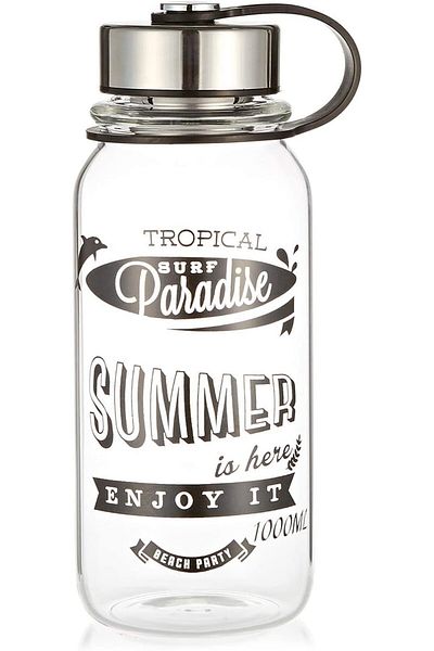 Generic N|C Borosilicate Glass Water Bottle with Lid & Protective Sleeve (Black/Clear, 1000ml)