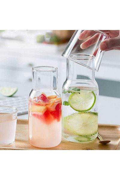Generic Bedside Water Carafe Set with Tumbler 3 Glass Set for Bedroom Nightstand, Clear Glass Juice Water P