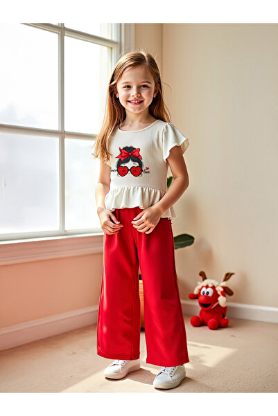 Take Two By Styli Kids 2pcs Printed Short Sleeve T-Shirt and Red Wide Leg Pants Sets