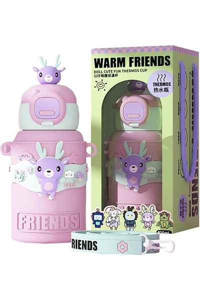 Generic Durku Cute Insulated Water Bottle with Straw Strap Kids,15 oz Metal Cups for Hot and Cold Drinks,BP