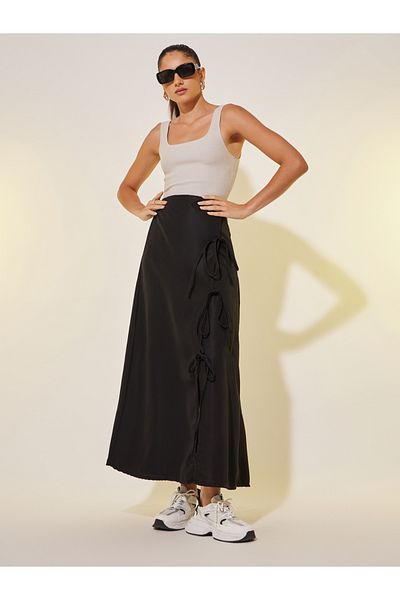 Styli Solid Tie Detail Wrap Look A-Line Maxi Skirt