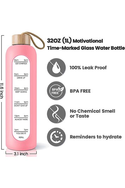 Generic Excefore 32 Oz Borosilicate Glass Water Bottle with Time Marker Reminder Quotes Leak Proof Reusable