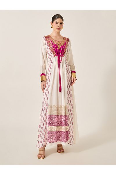 Maxim Creation By Styli Pink Embroidered Detail Cream Maxi Jalabiya