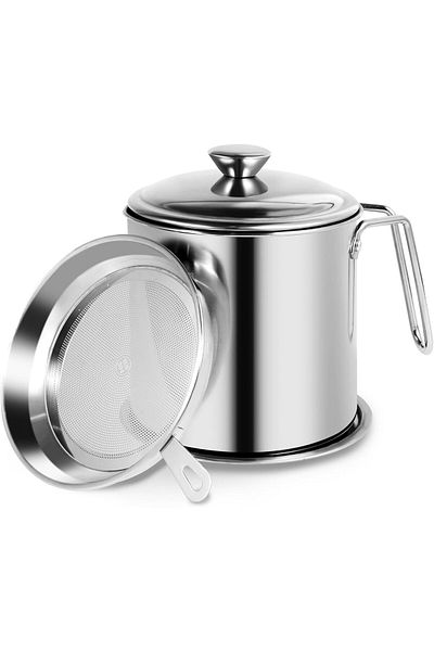 mastergold 1.6L Stainless Steel Oil Filter Pot with Fine Mesh Strainer Oil Storage Container with Dust Proof Li