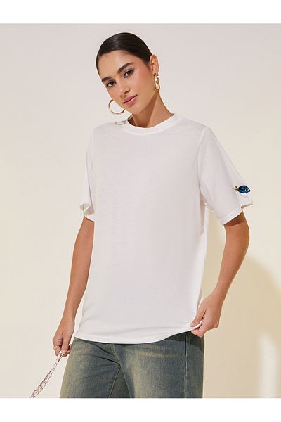 Styli Round Neck Sleeve Embroidered Detail T-shirt