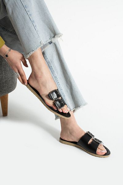 Moda Devrin Papuci de damă cu cataramă dublă neagră, cu latură transparentă, papuci de exterior și de interior