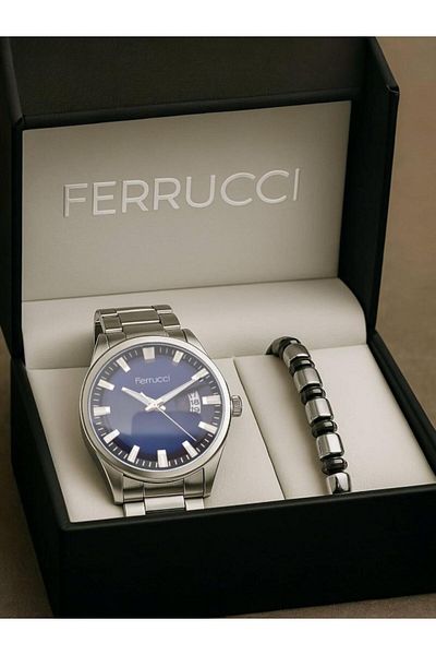 Ferrucci Brand Men's Wristwatch - Silver Case & Steel Band - Classic Model with Calendar - Bracelet Gift