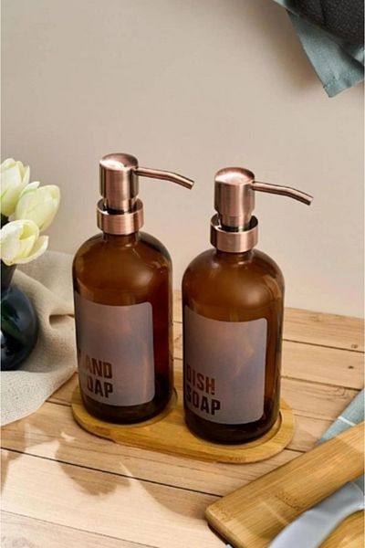 almital mobilya aksesuarları furniture accessories Amber Σετ 2 Γυάλινων Διανομέων Υγρού Σαπουνιού Κουζίνας με Βάση – Δοχείο σαπουνιού με βάση μπαμπού 500ml