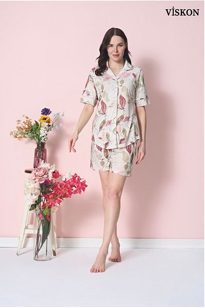 Over Sleep by Poleren 100% Combed Cotton Fabric Front Buttoned Short Sleeve Women's Shorts Set