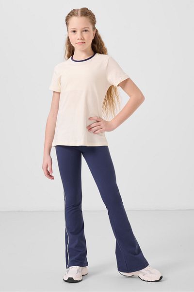 TOMMY LIFE Ecru-Indigo Cotton O Neck Standard Fit Basic Spanish Leg Girls' Leggings Suit - 75192