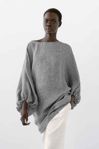 Massimo Dutti Kol detaylı %100 keten kısa elbise